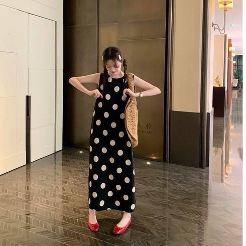 Polka Dot Sleeveless Long Side Slit Casual Dress
